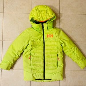Kid’s Helly Hansen Down Insulated Snow Jacket size 8 in neon Green.